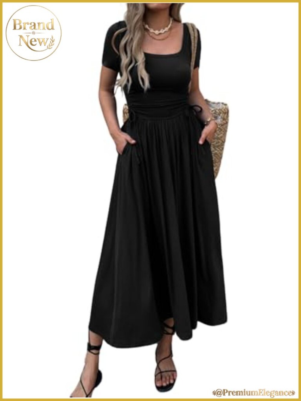 Women's Short Sleeve Maxi Dress Bodycon Adjustable Waist Flowy Hem with Pockets